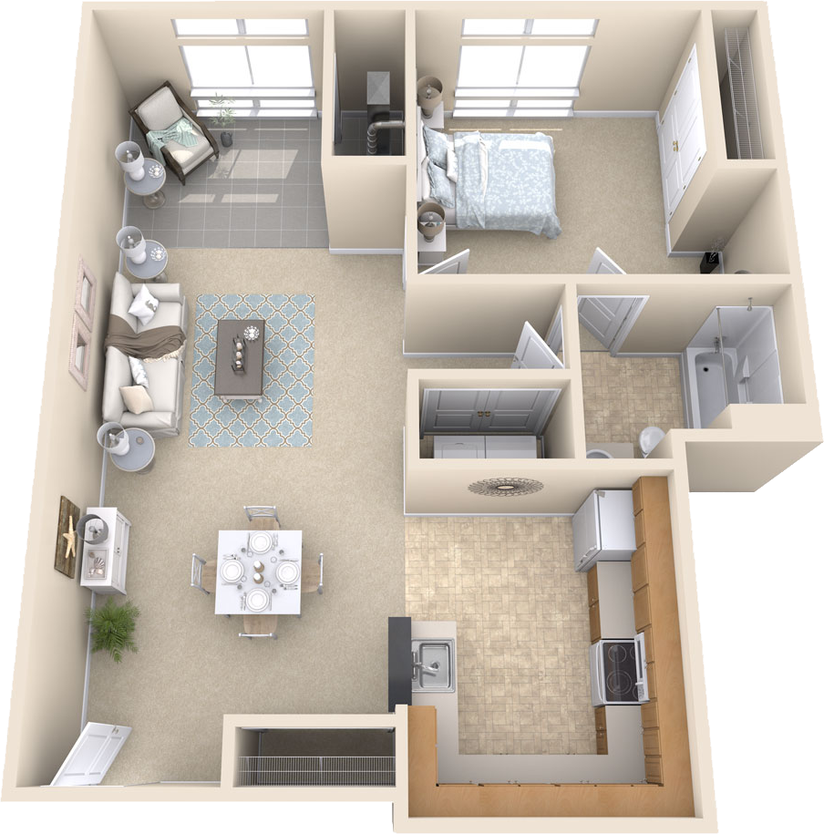 1 Bedroom, 1 Bath Floor Plan