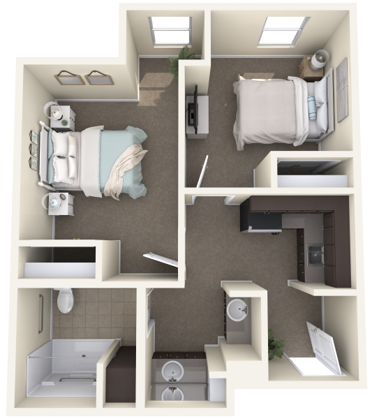A floor plan of a two-bedroom apartment at our memory care Mountainside New Jersey community, offering private bedrooms and bathrooms as part of the wellness-focused senior living Mountainside experience.