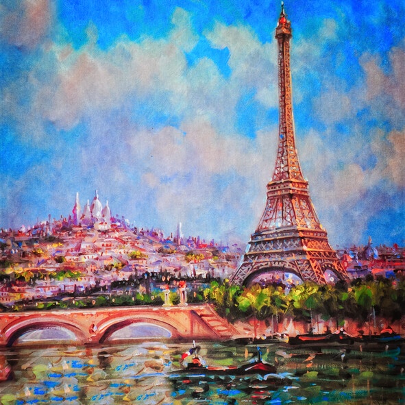 A vibrant painted artwork of the Eiffel Tower and Paris skyline decorates a wall at Arbor Terrace Morris Plains, reflecting the enriching, arts-inspired senior living environment in Morris Plains, NJ.