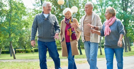Four seniors laugh and stroll together through a sunny park, reflecting the vibrant activities and active senior lifestyle available for seniors in Mountainside, New Jersey.