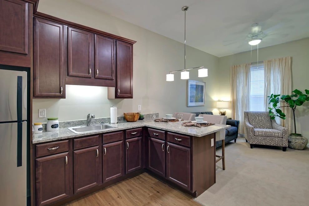 Kitchen and Living Room in an Arbor Terrace Assisted Living Apartment
