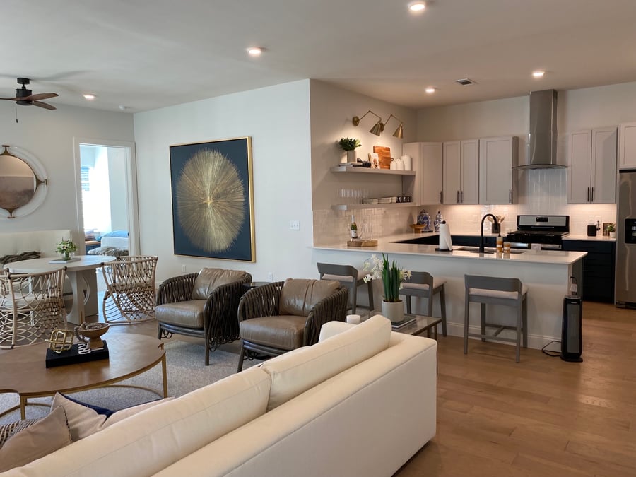 Opus East Memphis apartment kitchen and living room