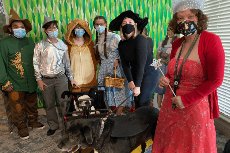 Staff dressed in Wizard of Oz costumes and wearing masks pose together in a festively decorated space — celebrating community life at senior living Lakeway Texas.