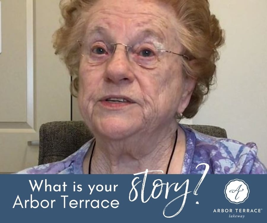 An older adult speaks warmly on camera as part of a resident spotlight video — sharing personal experiences of senior living Lakeway Texas at Arbor Terrace.