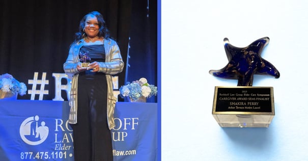 A smiling team member holds a blue star-shaped glass award on stage at an elder care symposium, framed by hydrangea arrangements, beside a close-up of the award on its clear base, celebrating senior care Mount Laurel New Jersey and wellness-focused senior living South Jersey.