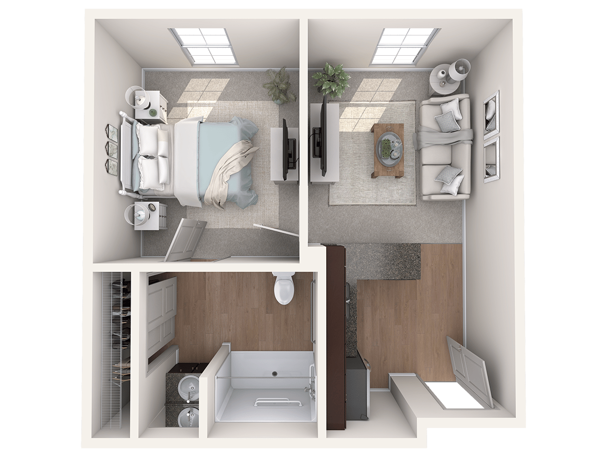 Overhead floor plan of a 1-bedroom, 1-bath apartment at Arbor Terrace Lakeway, thoughtfully designed for comfortable senior living Lakeway Texas residents will love.