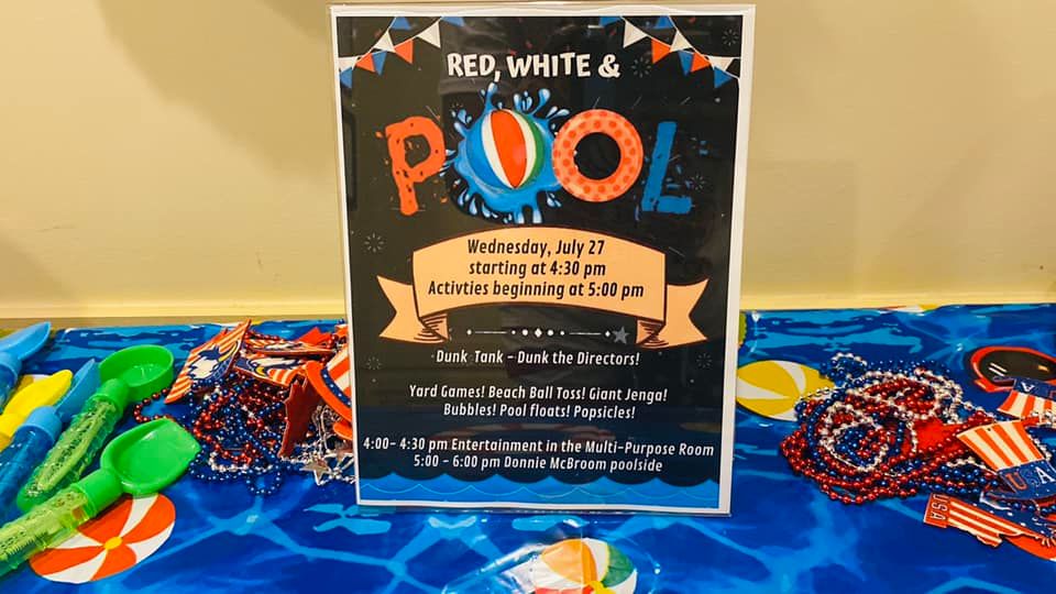 Red, white and pool party sign