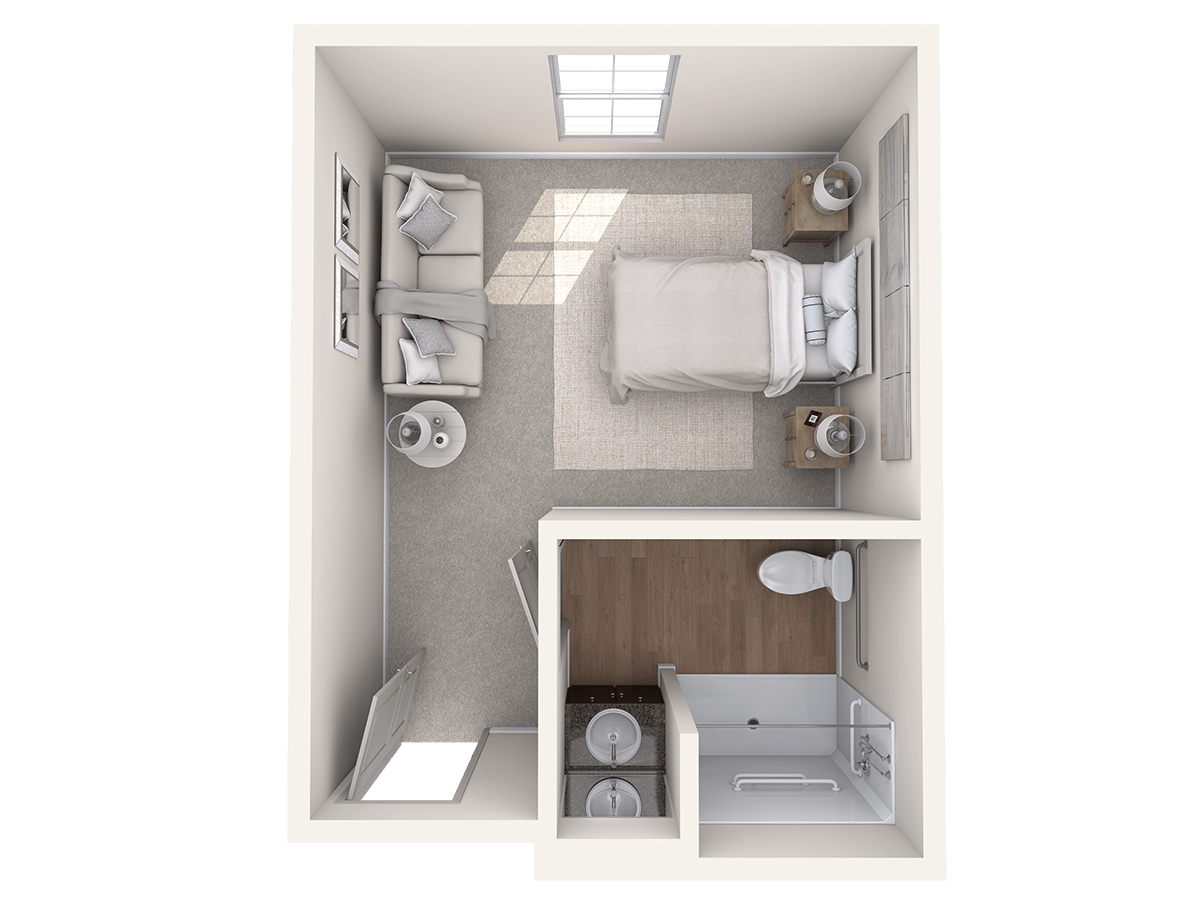 Overhead view of a 1-bedroom, 1-bath apartment floor plan at Arbor Terrace Lakeway, crafted for ease and comfort in this senior living Lakeway Texas community.