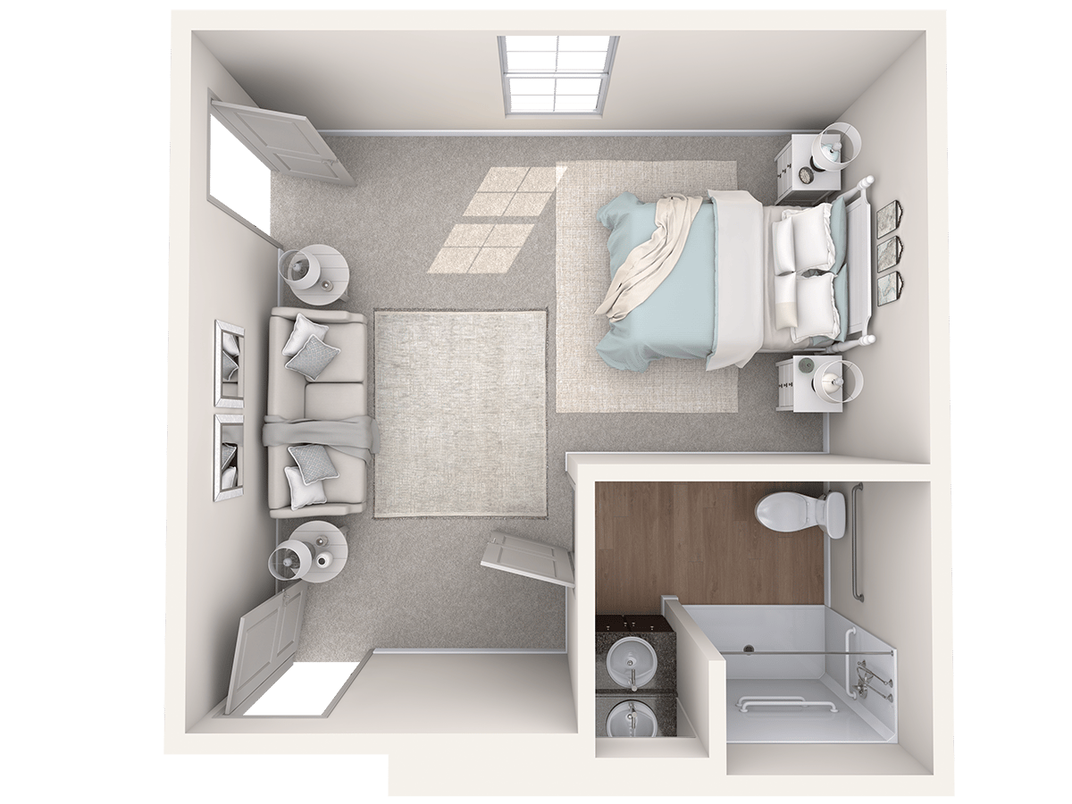 A 1-bedroom, 1-bath apartment floor plan at Arbor Terrace Lakeway, designed with seniors in mind for warm, welcoming assisted living Lakeway TX living.