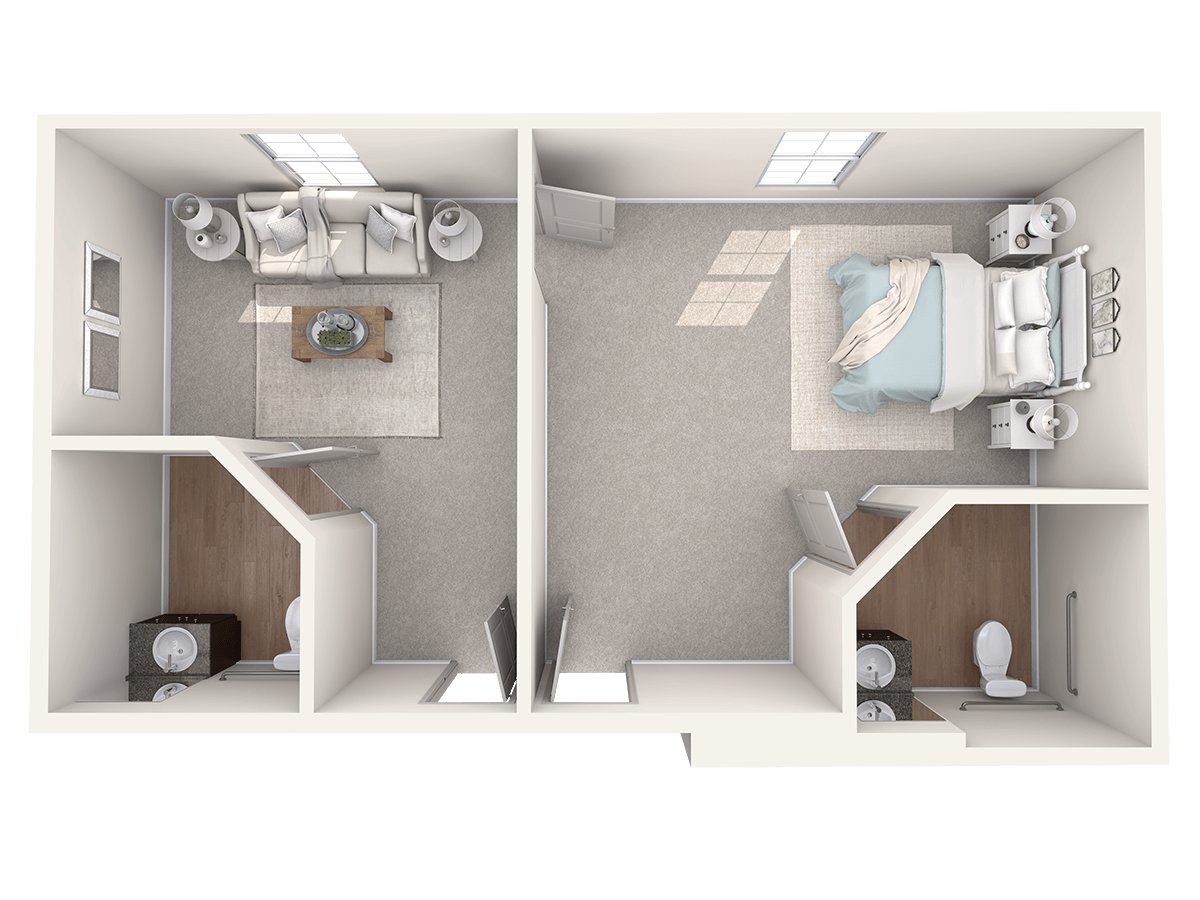 Detailed floor plan of a 1-bedroom, 2-bath apartment at Arbor Terrace Lakeway, designed to support comfortable, personalized assisted living Lakeway TX residents deserve.