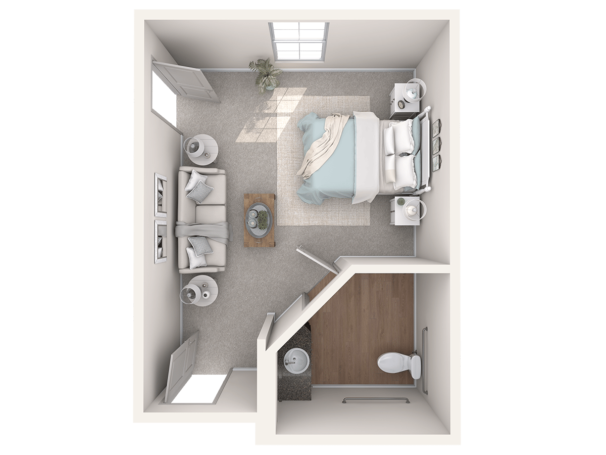 Well-appointed 1-bedroom, 1-bath floor plan at Arbor Terrace Lakeway, reflecting the thoughtful design found throughout this assisted living Lakeway TX community.