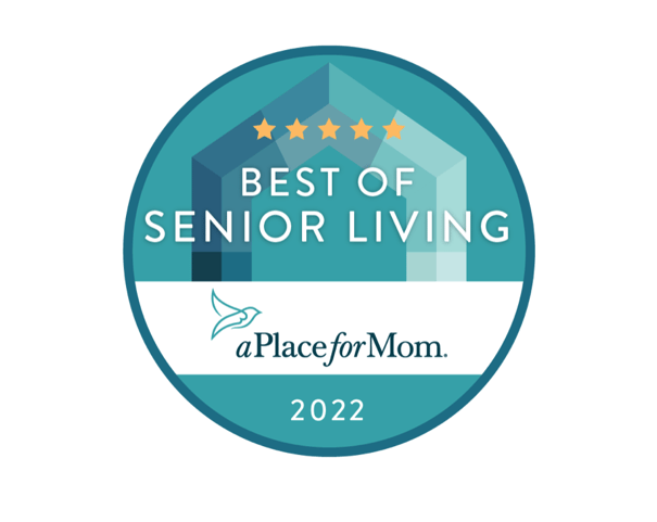 The 2022 Best of Senior Living badge from A Place for Mom, awarded to Barrington Terrace, a top-rated senior living community in Fort Myers, FL, featuring five gold stars on a teal geometric design.