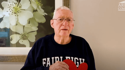 A resident speaks candidly in their well-appointed living space at Arbor Terrace Morris Plains, reflecting the personalized, resident-centered assisted living experience in Morris Plains, NJ.