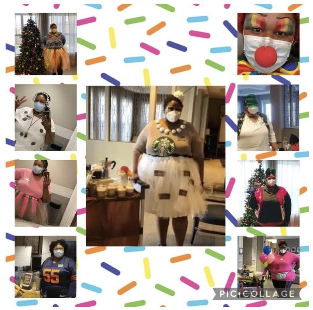 A staff member celebrates being named Star of the Year through a festive collage of costumes, reflecting the warmth of Glenview senior living and senior care with activities.
