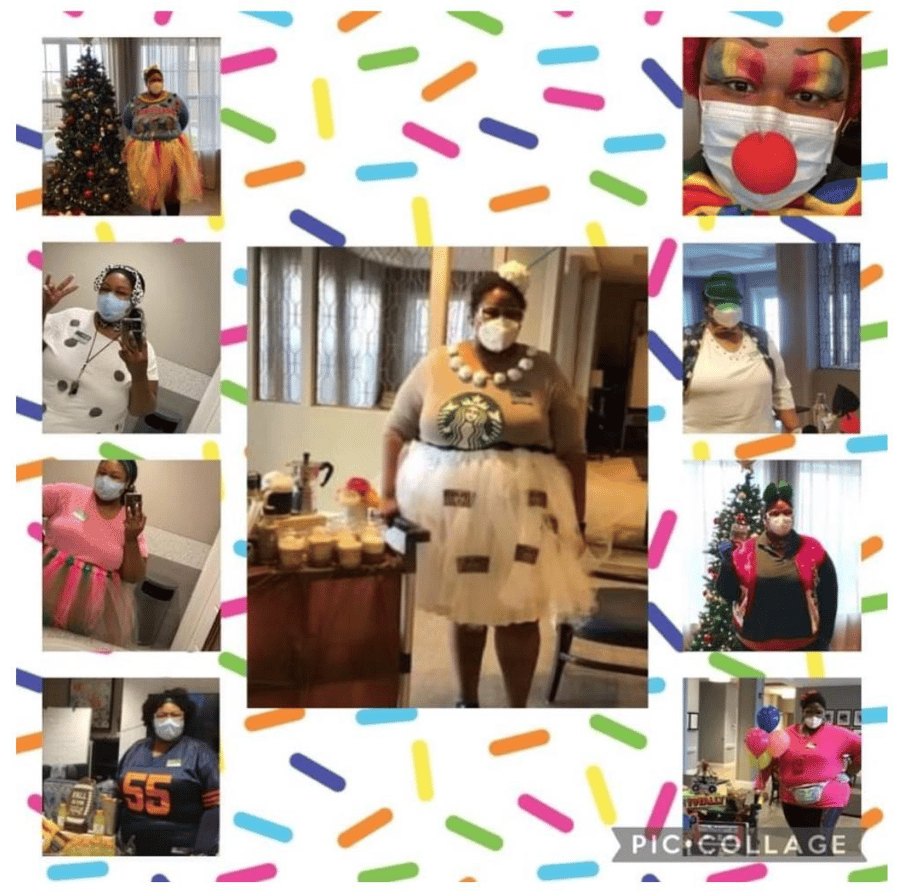 A staff member celebrates being named Star of the Year through a festive collage of costumes, reflecting the warmth of Glenview senior living and senior care with activities.