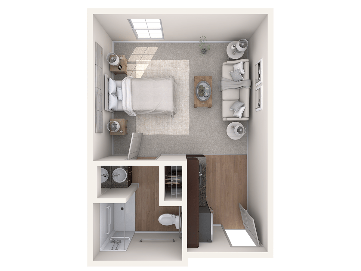 Floor plan layout of a studio, 1-bath apartment at Arbor Terrace Lakeway, offering a cozy and well-designed living space for seniors in this assisted living Lakeway TX community.
