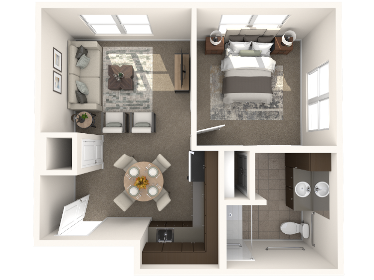 3D floor plan of The Aster, a one bedroom, one bathroom assisted living apartment with a kitchen, dining space, and sitting area at Arbor Terrace Prince William Commons.