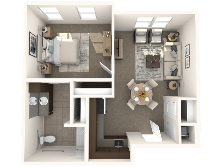 3D floor plan of The Bluebell, a one bedroom, one bathroom assisted living apartment with a living and dining area at Arbor Terrace Prince William Commons.