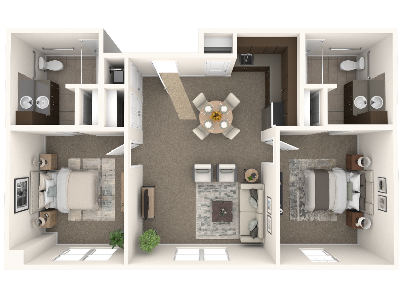 3D floor plan of The Cherry Blossom, a two bedroom, two bathroom assisted living apartment with a shared living and dining space at Arbor Terrace Prince William Commons.
