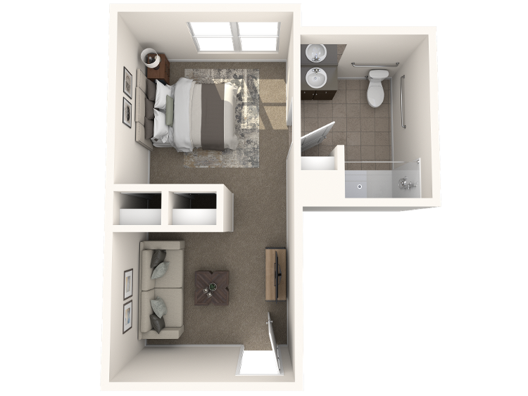 3D floor plan of The Dogwood, a one bedroom, one bathroom apartment in the Bridges program at Arbor Terrace Prince William Commons, offering early-stage memory support in Woodbridge VA.