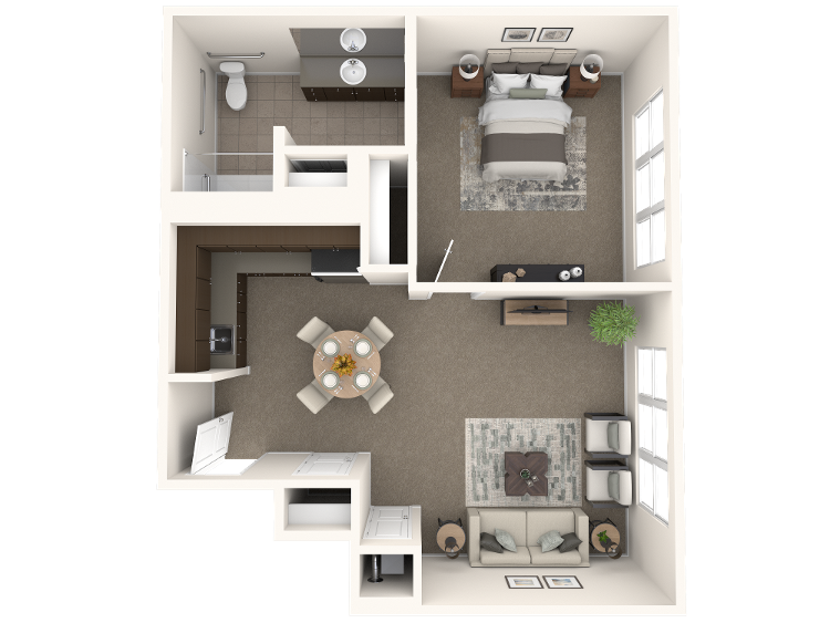 3D floor plan of The Foxglove, a one bedroom, one bathroom assisted living apartment with a kitchen, dining, and living area at Arbor Terrace Prince William Commons.