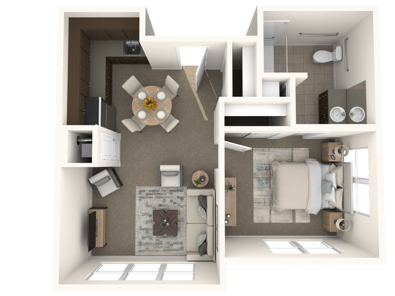 3D floor plan of The Hawthorn, a one bedroom, one bathroom assisted living apartment with a kitchen and dining area at Arbor Terrace Prince William Commons.