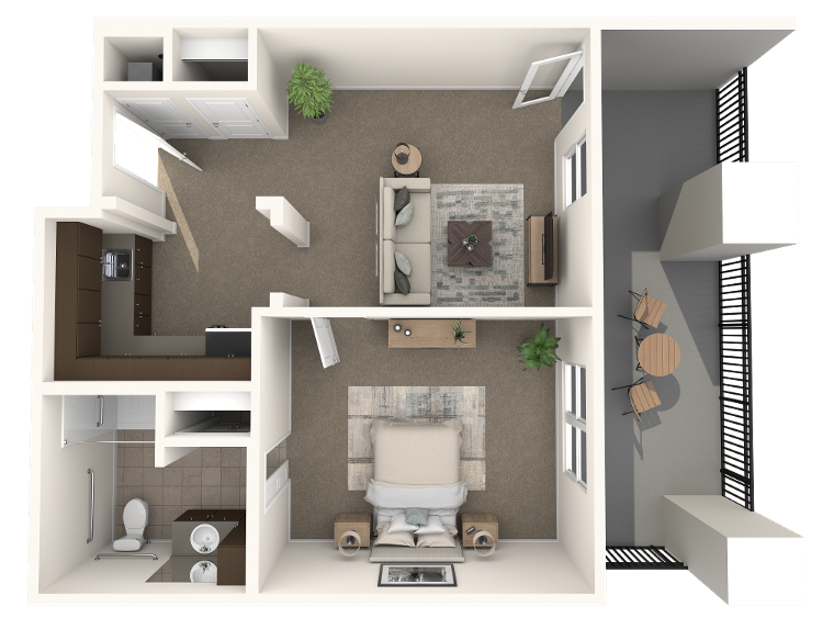 3D floor plan of The Lilac, a one bedroom, one bathroom assisted living apartment with a kitchen and private balcony at Arbor Terrace Prince William Commons.