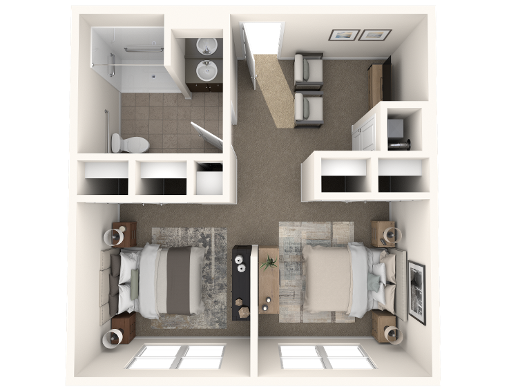 3D floor plan of The Magnolia, a two bedroom, one bathroom Bridges apartment at Arbor Terrace Prince William Commons in Woodbridge VA.