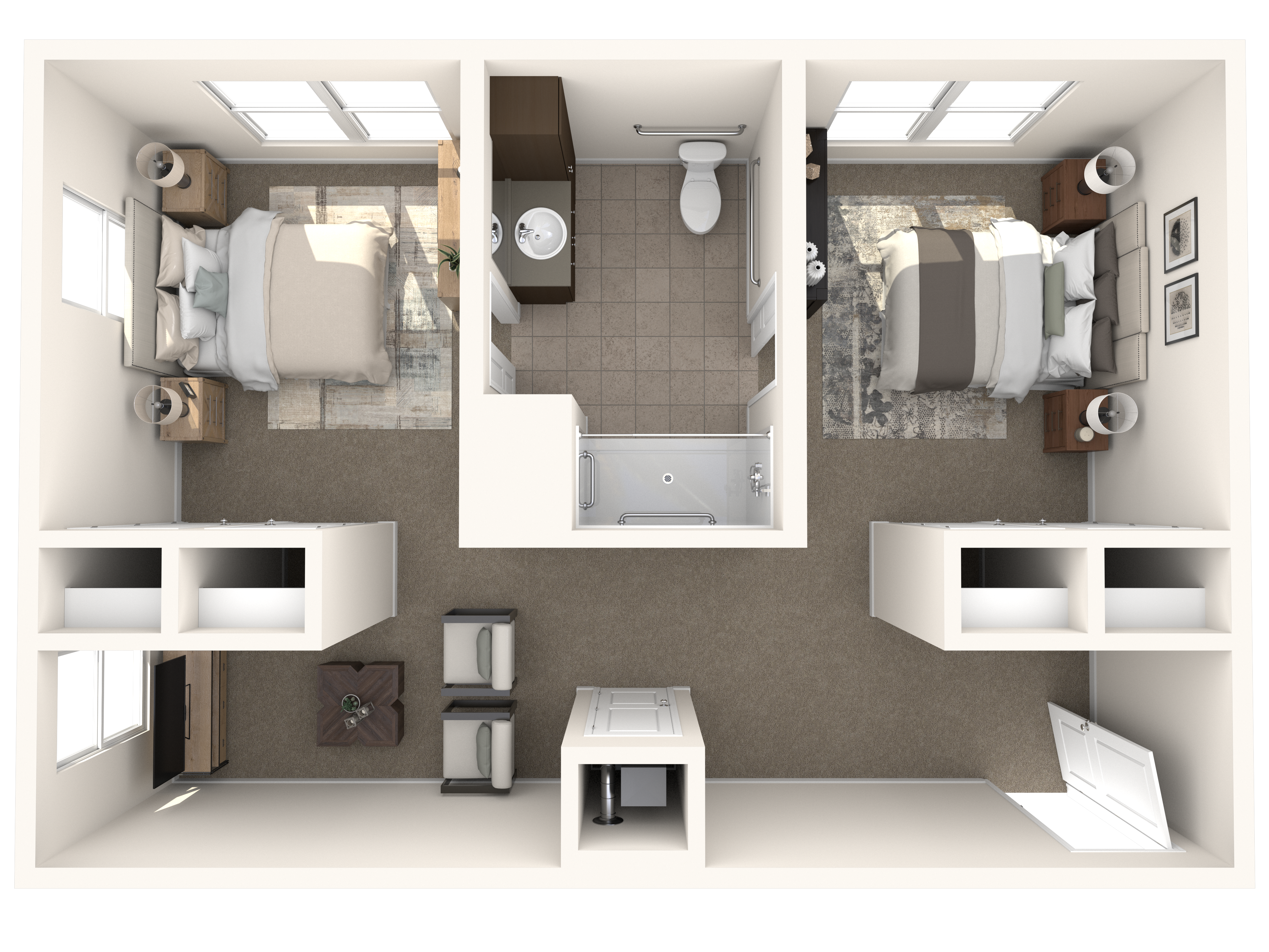 3D floor plan of The Snowbell, a two bedroom, one bathroom Bridges apartment at Arbor Terrace Prince William Commons.
