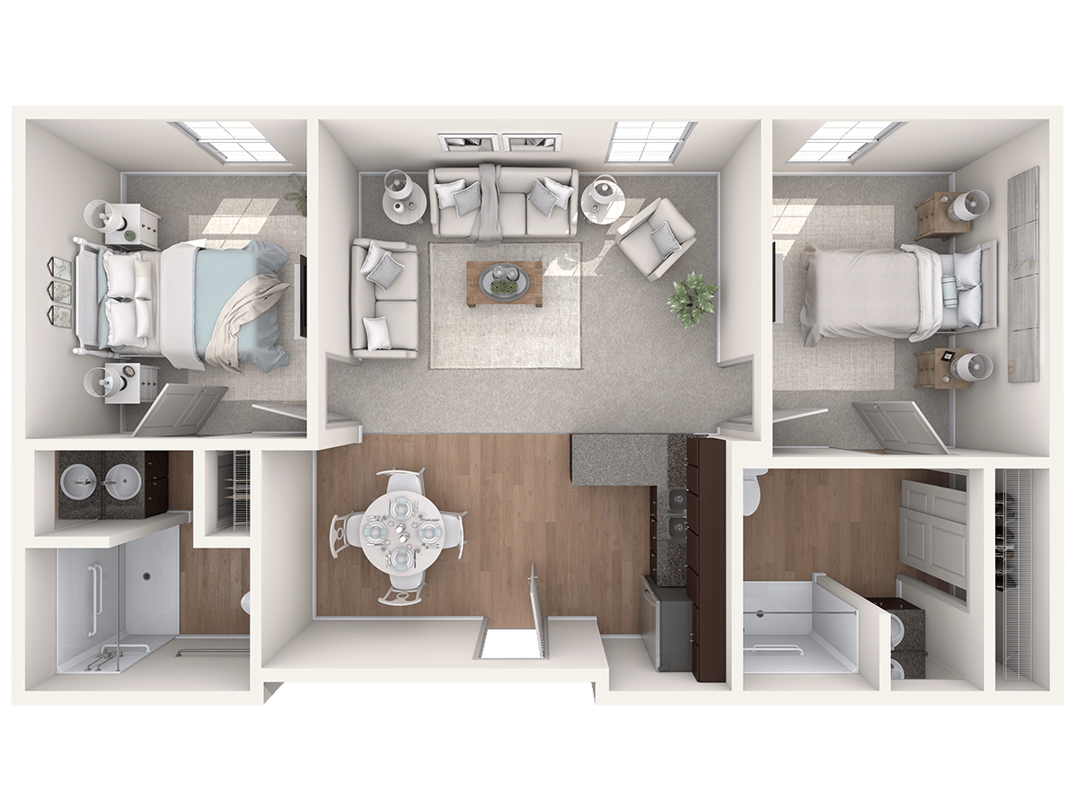 Spacious 2-bedroom, 2-bath apartment floor plan at Arbor Terrace Lakeway, ideal for those seeking generous living spaces in this senior living Lakeway Texas community.