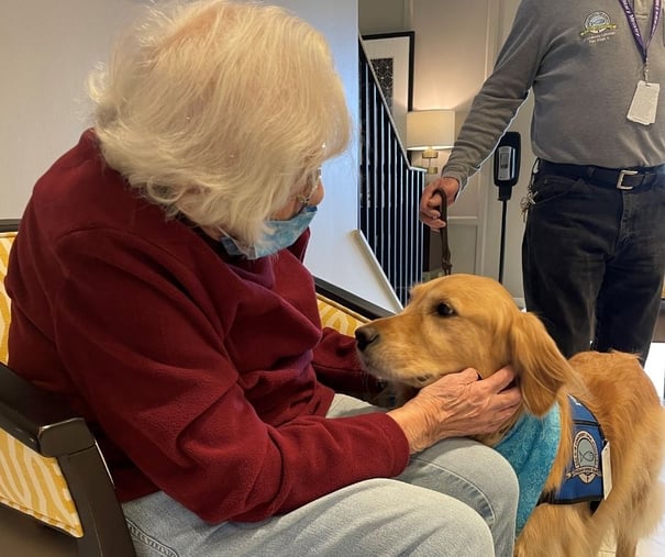 A resident smiles while petting a friendly visiting dog as a staff member looks on, reflecting the senior care with activities found at Glenview senior living.