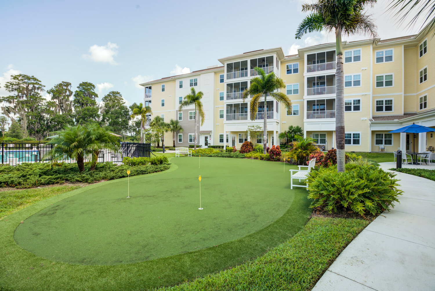 A lush putting green surrounded by palm trees and inviting benches, highlighting the active senior living near golf courses in Citrus Park, FL.