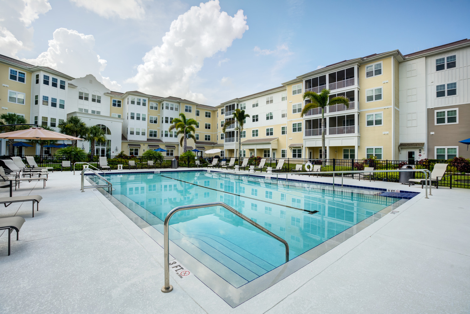 Sparkling outdoor pool surrounded by palm trees and lounge seating, showcasing the resort-style amenities at active senior living in Citrus Park, FL.