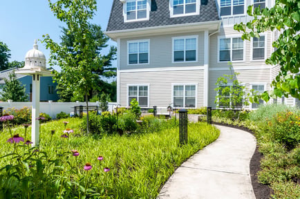 A lush garden pathway with blooming wildflowers winds alongside the exterior of Arbor Terrace Mountainside, showcasing the beautiful outdoor spaces at this senior living community in New Jersey.
